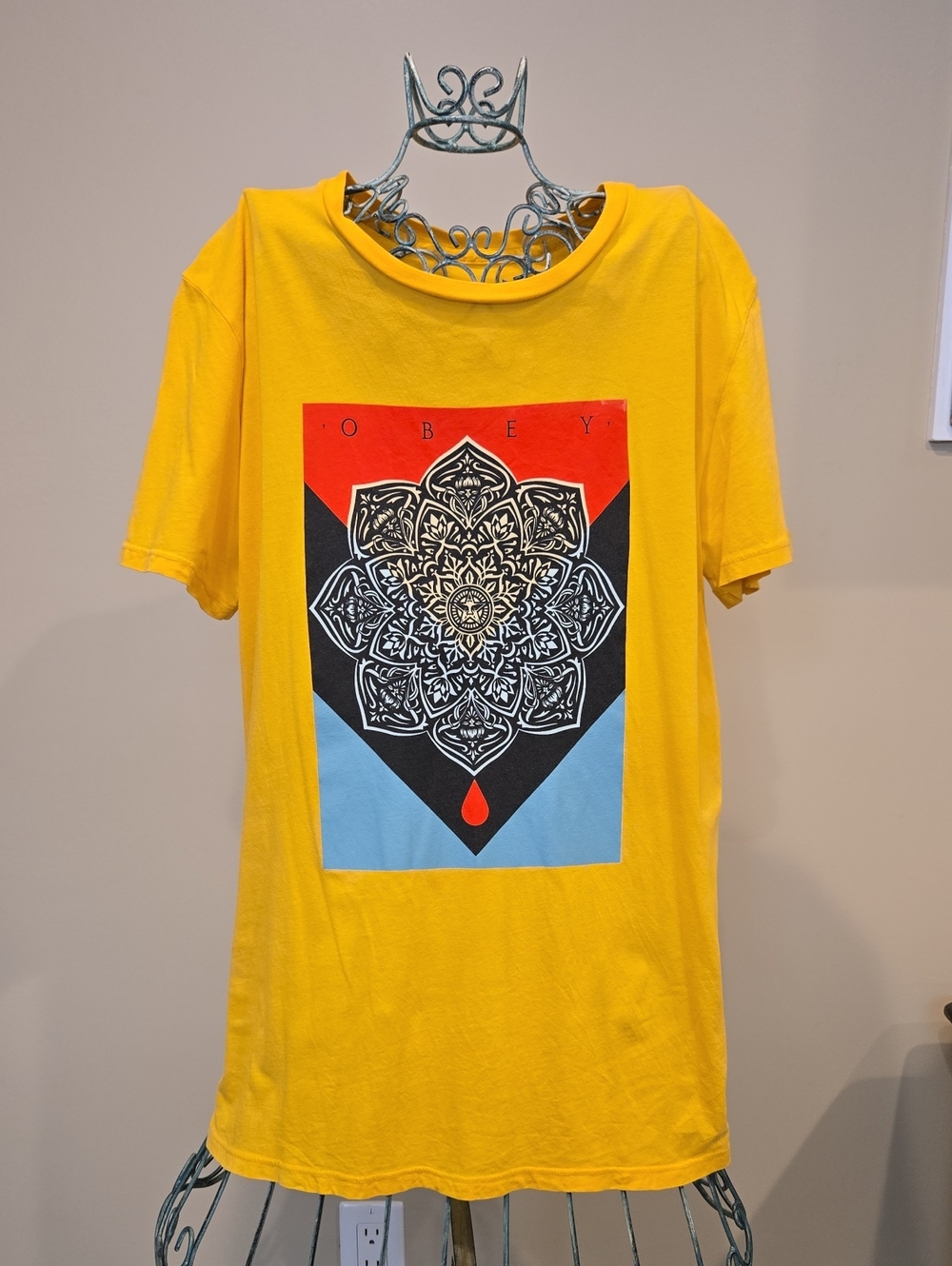 Obey Yellow Tee with Multicolor Mandala Graphic